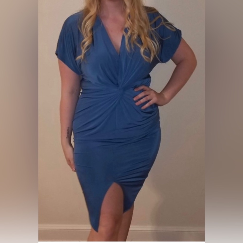 Deb Shops Blue Deep V-Neck Short Sleeve size 1X